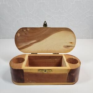 Vintage Mango Wood Box Two Tone Brown Trinket Jewelry Hinged Closure Hollywood